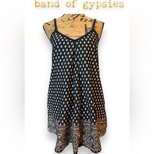 Band of Gypsies Boho Black & White Paisley Geo Pattern Dress Tunic Adj Straps S
